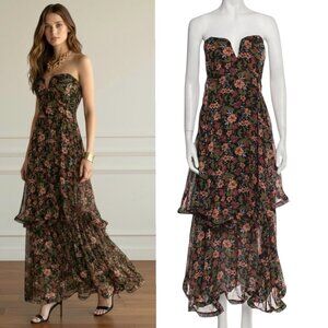 Nicholas Flowy Silk Gown SZ 2 Floral Chiffon Formal Maxi Dress Strapless Glam